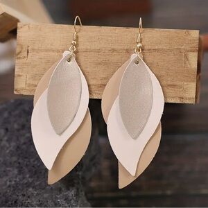 Elegant Beige & Cream 3-Layer Leaf Drop PU Leather Earrings